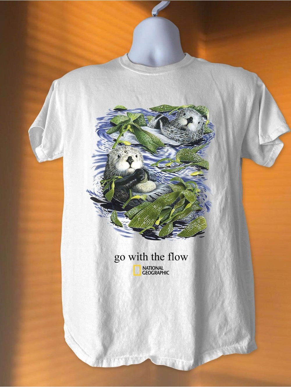 Gildan White Tee with Otter Graphic and Green Kelp Art